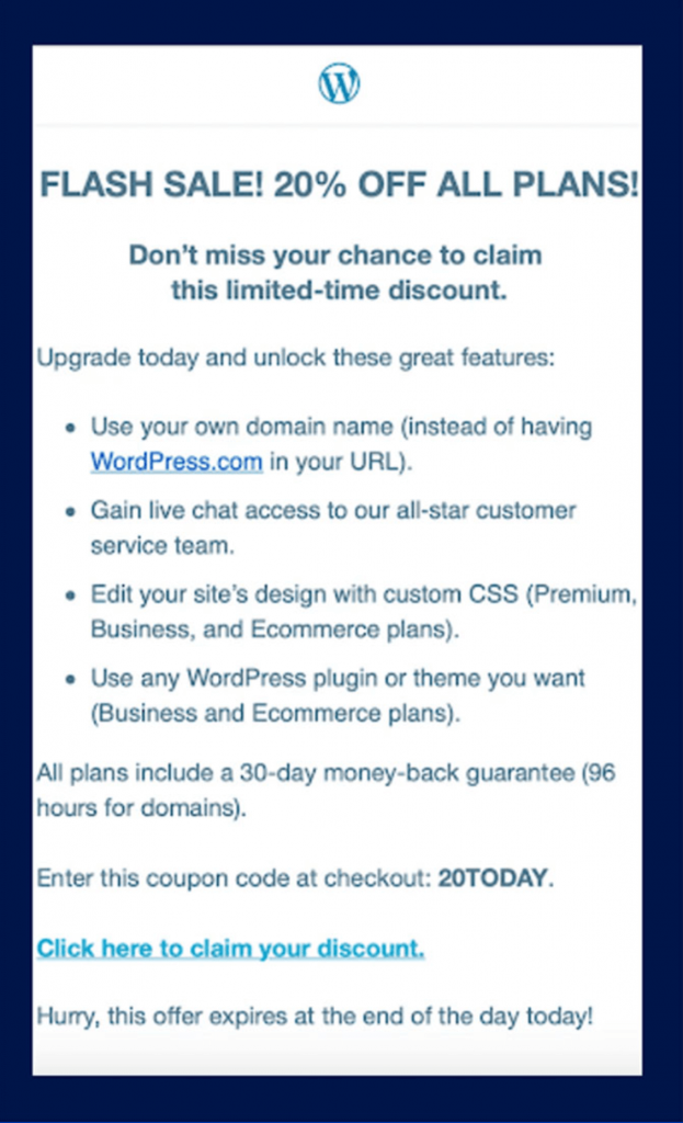 WordPress flash sale discount email example
